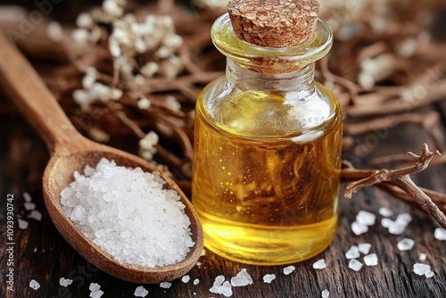 Aroma Oil and Sea Salt for Relaxation and Wellness in a Rustic Spa Setting