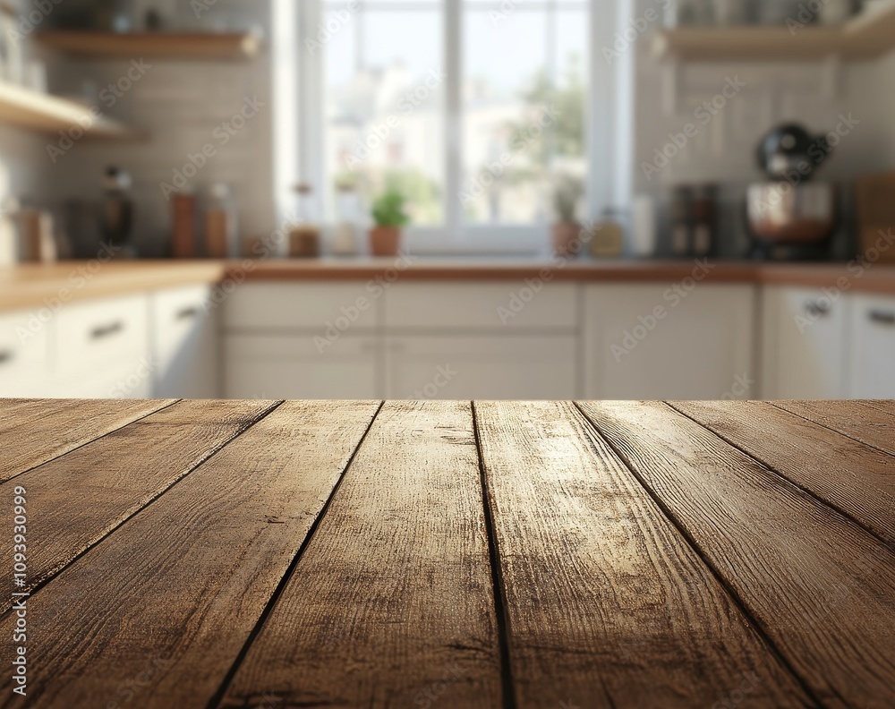 Empty wooden table with a blurred background of a bright, modern kitchen with a large window. Empty wooden table with a blurred background of a bright, modern kitchen with a large window.