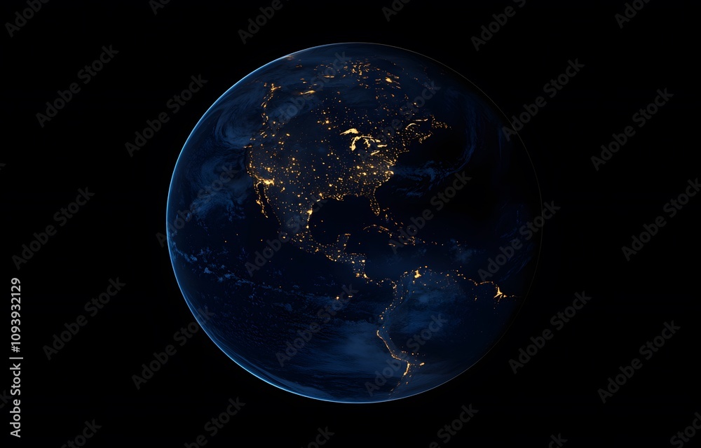Fototapeta premium Earth at night, illuminated by city lights across North and South America.