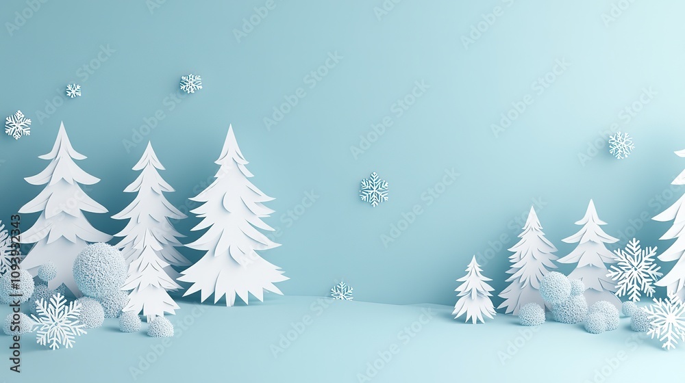Minimalist winter scene with paper trees, snowballs, and snowflakes on light blue background. Minimalist winter scene with paper trees, snowballs, and snowflakes on light blue background.
