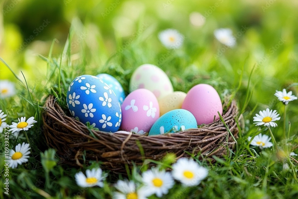 Easter Basket with Colorful Eggs on Green Grass with Daisies in a Spring Garden Easter Basket with Colorful Eggs on Green Grass with Daisies in a Spring Garden
