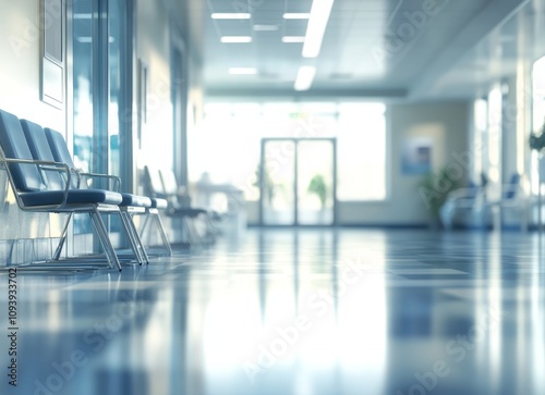 A row of empty blue chairs sit in a hospital hallway with a bright window at the end of the hall.