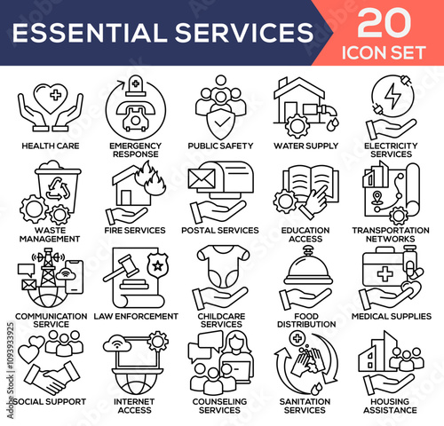 Essential Services Line Icon Set Collection