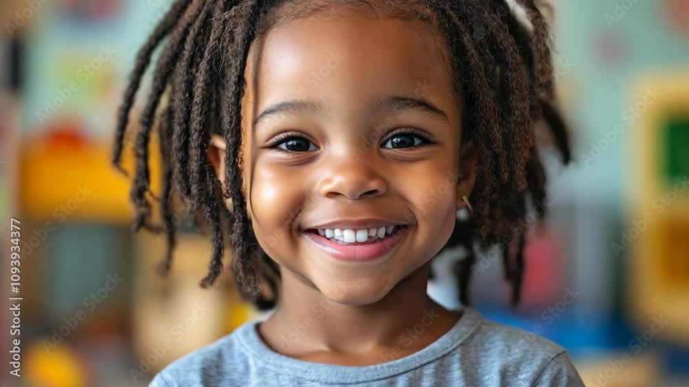Cheerful young Black girl wearing a tshirt in a childrens playroom 4K Video Cheerful young Black girl wearing a tshirt in a childrens playroom 4K Video