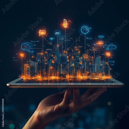 digital tablet in hand with Smart city with smart services and icons internet of things networks