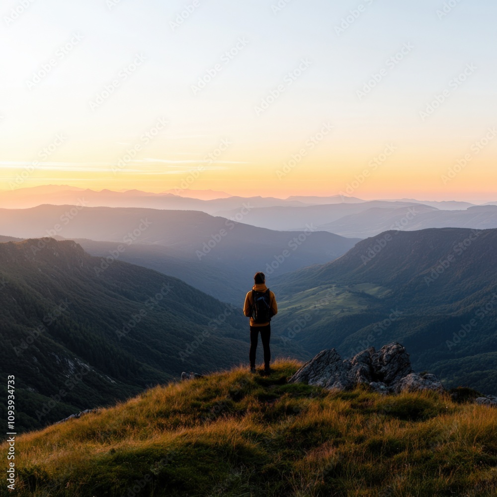 a person standing on a mountain peak enjoying a scenic sunset view a person standing on a mountain peak enjoying a scenic sunset view