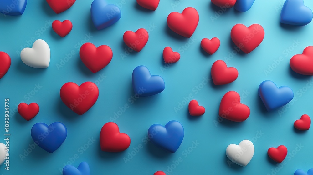 Scattered red, white, and blue hearts on a light blue background. Scattered red, white, and blue hearts on a light blue background.