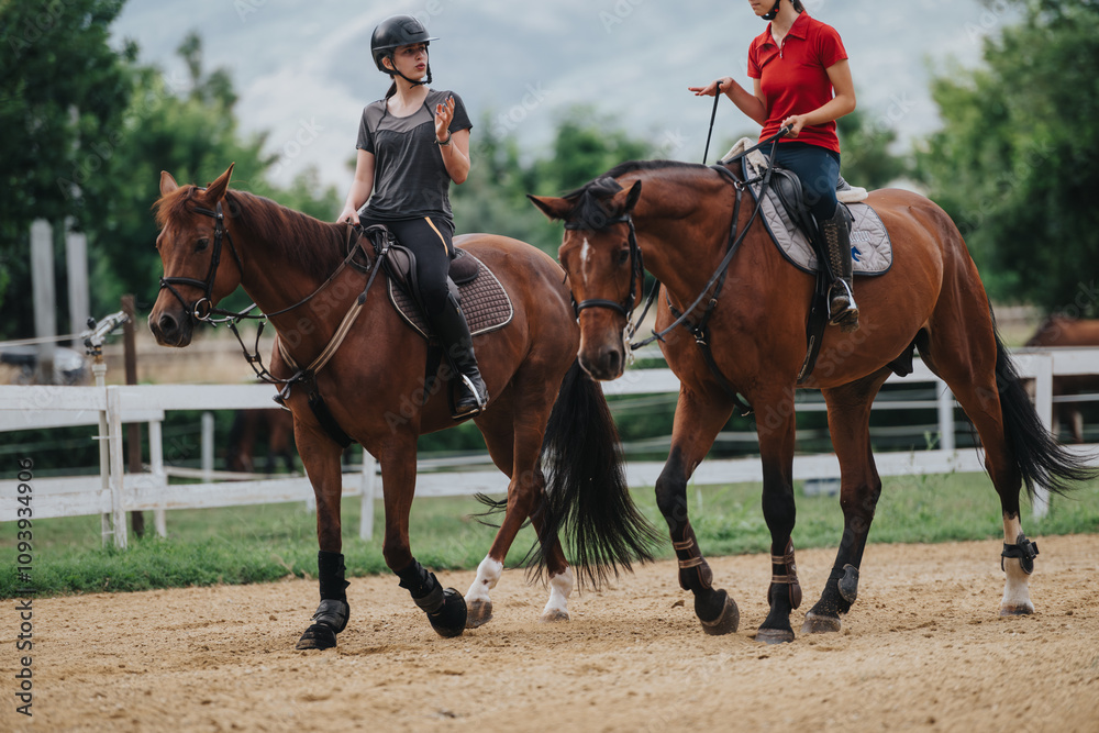 Two girls riding horses on a ranch, wearing helmets and engaging in a conversation about equestrian training outdoors. Two girls riding horses on a ranch, wearing helmets and engaging in a conversation about equestrian training outdoors.
