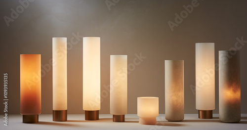 Seven illuminated alabaster lamps of varying heights and shades create a warm ambient glow in a modern interior setting photo