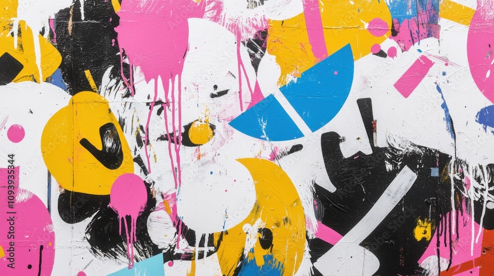 abstract street art. A vibrant abstract mural featuring bold colors like pink, yellow, and blue, with dynamic shapes and splashes creating a lively artistic composition. abstract street art. A vibrant abstract mural featuring bold colors like pink, yellow, and blue, with dynamic shapes and splashes creating a lively artistic composition.