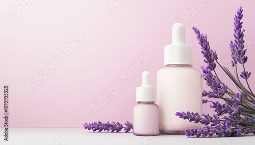 Mock up cosmetic . Lavender oil bottles with purple flowers backdrop.