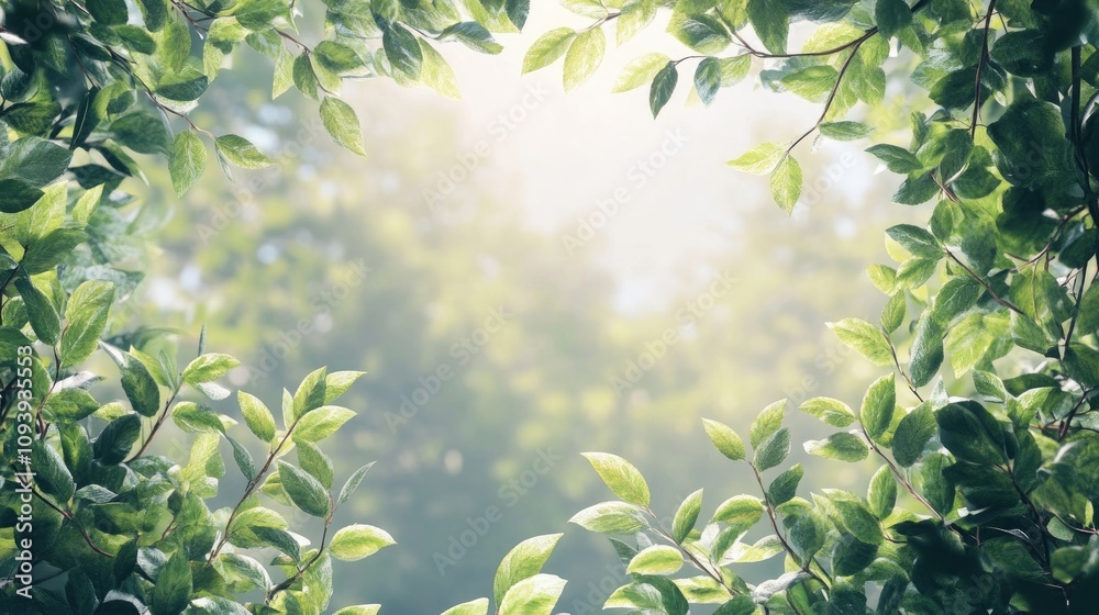Lush green leaves frame a sunlit forest scene, creating a tranquil and serene atmosphere. The vibrant greens and soft light evoke a sense of peace and natural beauty. Lush green leaves frame a sunlit forest scene, creating a tranquil and serene atmosphere. The vibrant greens and soft light evoke a sense of peace and natural beauty.