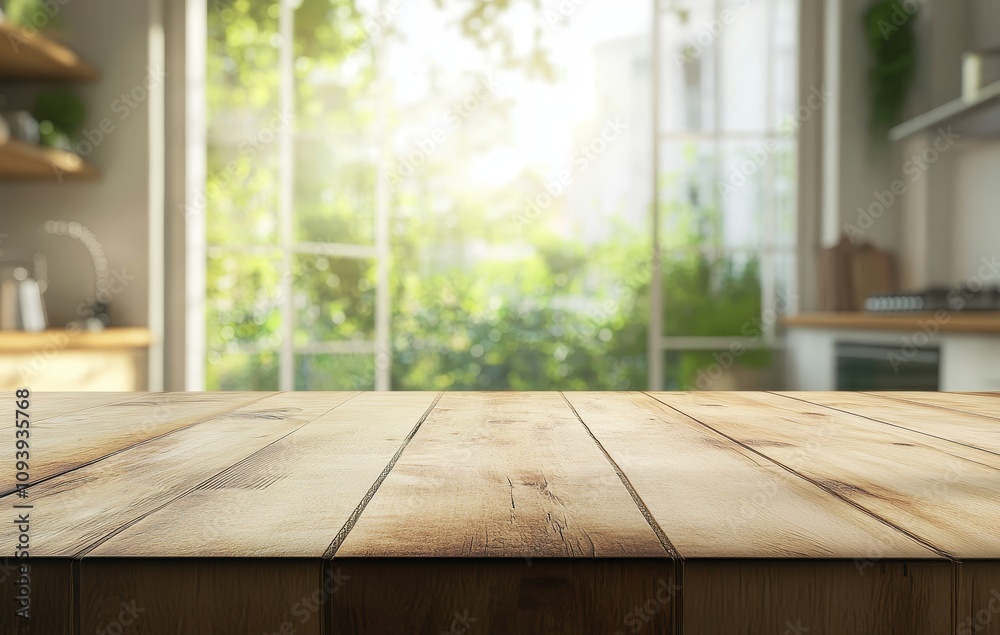 A wooden table top with a kitchen and window with greenery in the background. A wooden table top with a kitchen and window with greenery in the background.