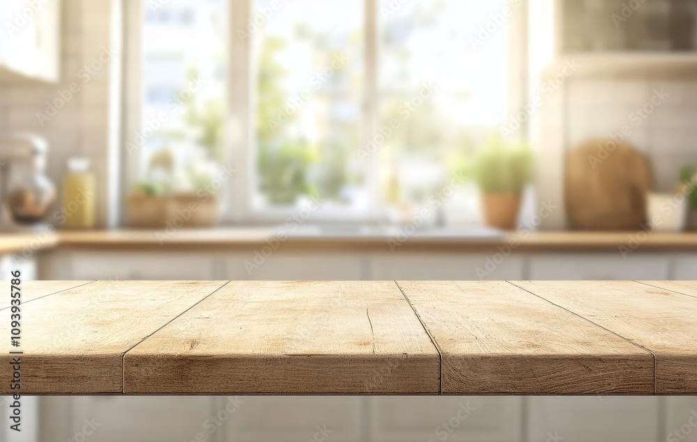 A close-up of a wooden tabletop with a blurred background of a kitchen with a large window. A close-up of a wooden tabletop with a blurred background of a kitchen with a large window.