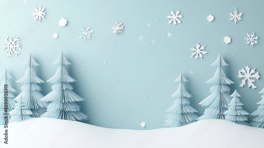 Snowy winter landscape with paper-cut trees and snowflakes. Snowy winter landscape with paper-cut trees and snowflakes.