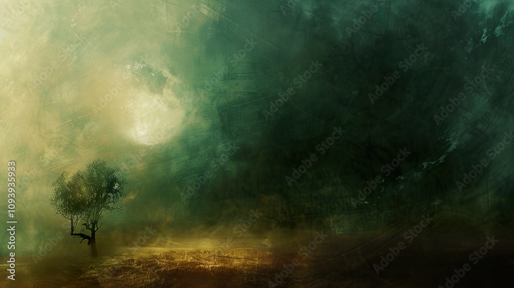 Fototapeta premium Dreamy Moonlight Landscape: A Single Tree Stands Silhouetted Against a Foggy Field