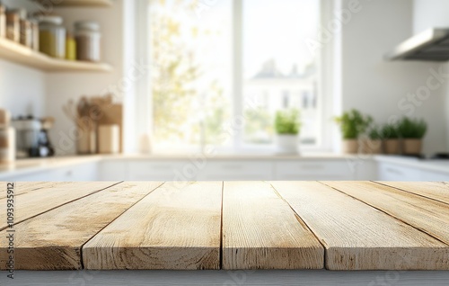 Wooden countertop with blurred kitchen background.
