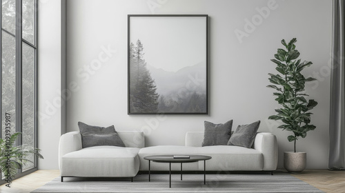 Fototapeta Naklejka Na Ścianę i Meble -  A minimalist living room with a gray sofa and large framed artwork on the wall