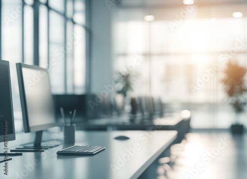 Wallpaper Mural Modern office workspace with computers and a view of a city skyline through large windows. Torontodigital.ca