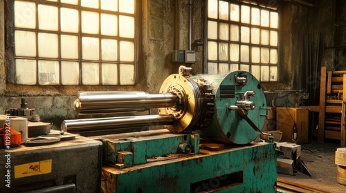 Industrial lathe machine in a workshop, cutting a metal cylinder, high precision, realistic lighting, metallic textures  photo