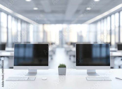 Two computer monitors with blank screens on a white desk in a modern office with blurred background. photo