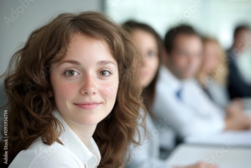 young woman smiling in a meeting setting with colleagues in the background