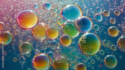 GENERATE AI, Abstract water background filled with countless transparent bubbles of varying sizes, shimmering with rainbow like reflections photo