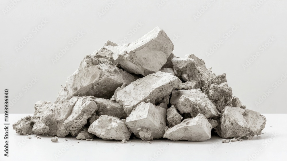 Naklejka premium A Pile of Raw White Plaster Stones on a Simple White Background Used for Construction, Decorating, and Sculpting Purposes in Modern Interiors and Art Projects