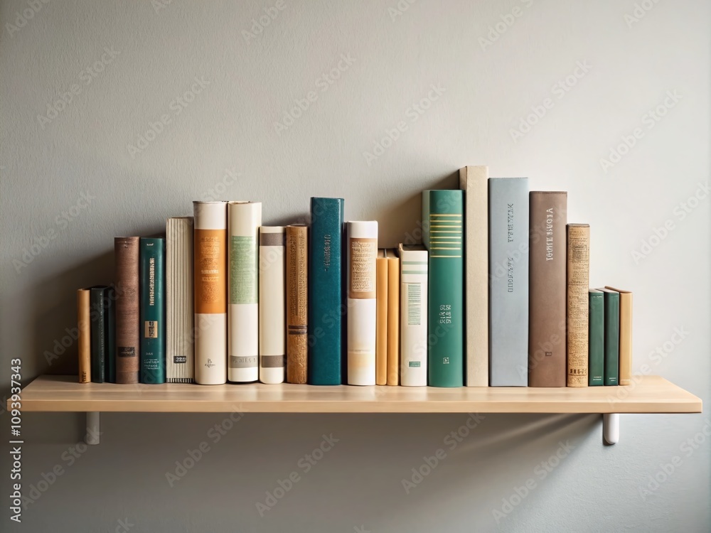 Naklejka premium Minimalist Photography of a Diverse Collection of Books Displayed on a Simple Shelf, Emphasizing Unique Covers and Textures in a Calm, Neutral Setting