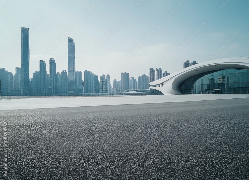 Fototapeta premium Empty asphalt road with modern city skyline in the background.