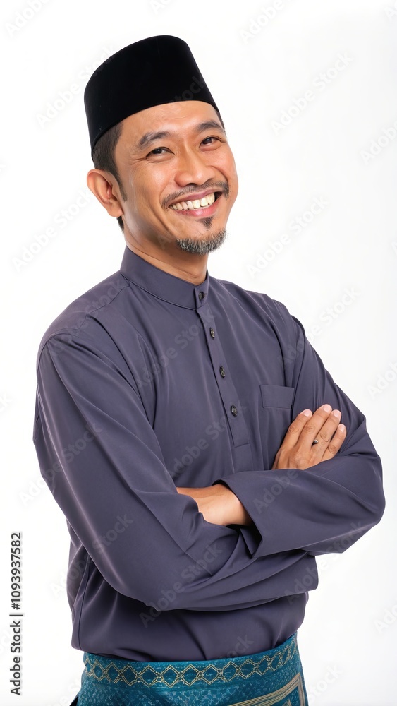 Confident man in traditional outfit smiling with arms crossed Confident man in traditional outfit smiling with arms crossed