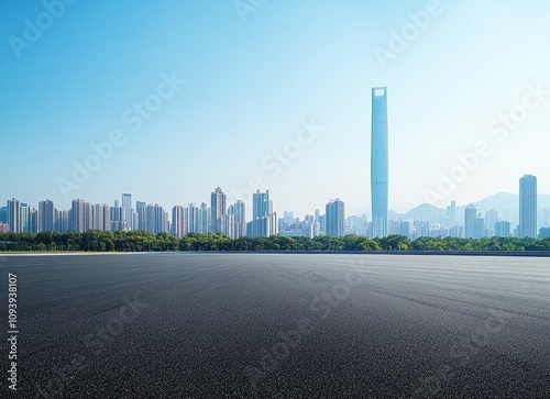 Empty asphalt road with modern city skyline in the background. (2)