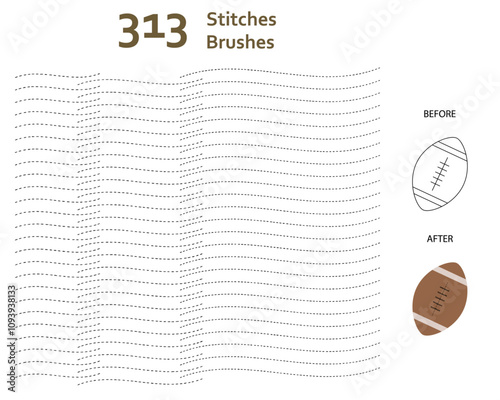 Set of 313 stitches art brushes with various lengths for clothes, decoration, story book, animation/illustration. Compatible with Adobe Illustrator CS6 and above.