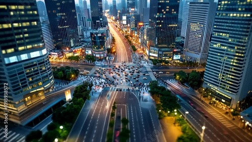 Illuminated urban intersection in Seoul's financial district featuring modern skyscrapers, flowing traffic streams, and vibrant city lights. 