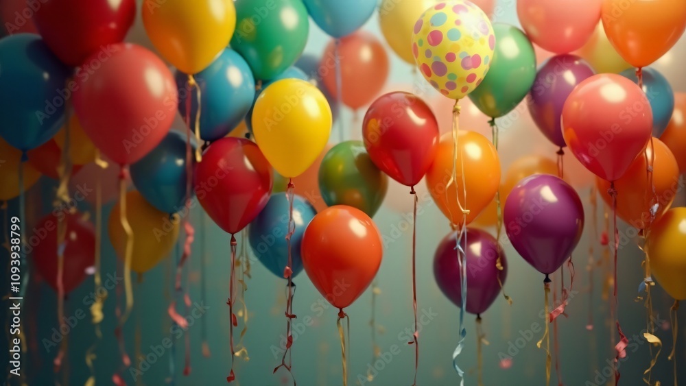 A joyful arrangement of colorful balloons with ribbons, floating against a soft background, perfect for celebrations, parties, birthdays, or cheerful festive themes. A joyful arrangement of colorful balloons with ribbons, floating against a soft background, perfect for celebrations, parties, birthdays, or cheerful festive themes.