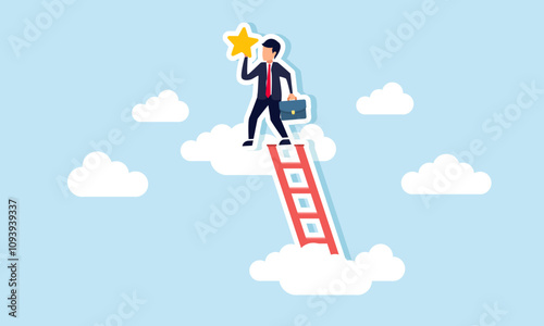 A businessman holding a star reaches a higher cloud by climbing a ladder, illustration of efforts to achieve high business ratings and quality