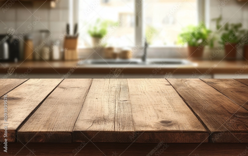 Empty wooden table with blurred kitchen background.