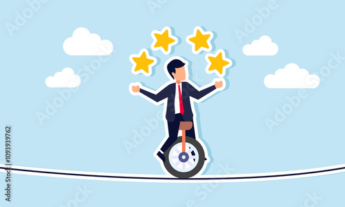 A businessman rides a unicycle on a tightrope while juggling several stars, illustration of risky decisions to apply strategies for achieve high ratings quality
