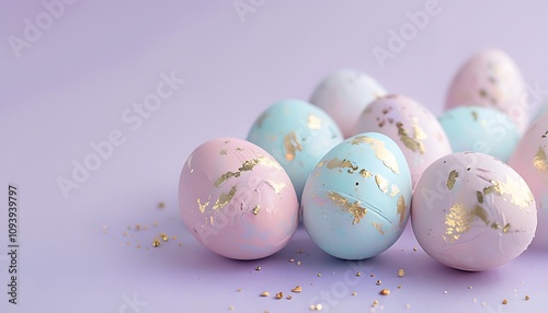 pastel easter eggs with gold speckles on a lavender background photo