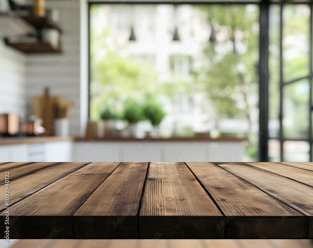 Close-up view of a wooden tabletop with a blurred background of a modern kitchen. Close-up view of a wooden tabletop with a blurred background of a modern kitchen.