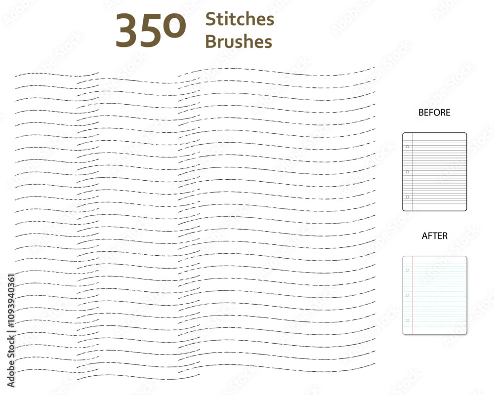 Obraz premium Set of 350 mixed stitches art brushes with various lengths for clothes, decoration, story book, animation/illustration. Compatible with Adobe Illustrator CS6 and above.