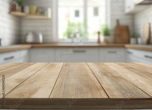 Close-up of a wooden countertop with a blurred kitchen background.