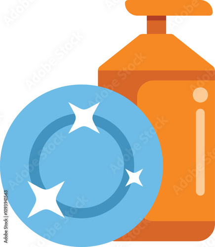 Simple vector illustration of a dishwashing liquid soap bottle with a clean shiny plate, perfect for representing dishwashing concepts