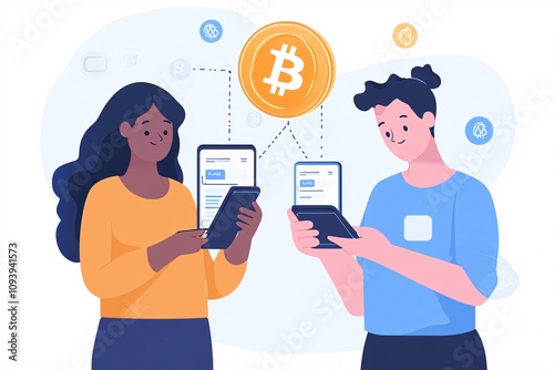 A friendly interaction between two individuals transferring Bitcoin via mobile apps, symbolizing quick and secure cryptocurrency transactions photo