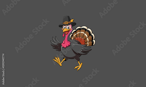 Cartoon Turkey Running with Pilgrim Hat photo