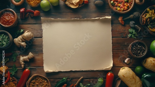 Wooden Table with Mexican Cuisine Ingredients and Empty White Paper, Soft Lighting
