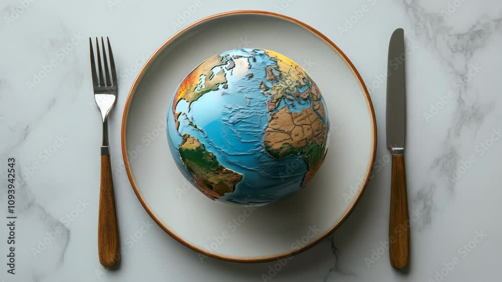 A globe on a plate with a fork and knife on a light background, a World Food Day wallpaper concept 4K Video