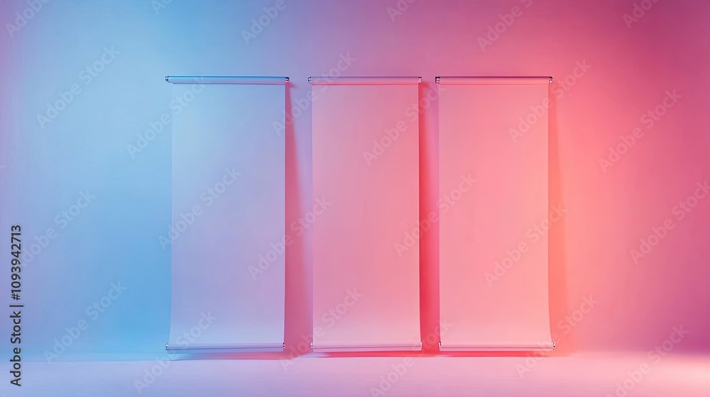 Three blank banners in a colorful studio setting. Three blank banners in a colorful studio setting.