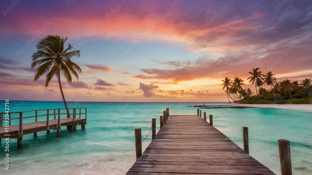 Obraz premium sunset on the beach, Idyllic Tropical Beach with Turquoise Waters and Sunset