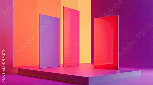 Three colorful panels stand on a platform, bathed in vibrant hues of pink, orange, and yellow, creating a modern and abstract composition.